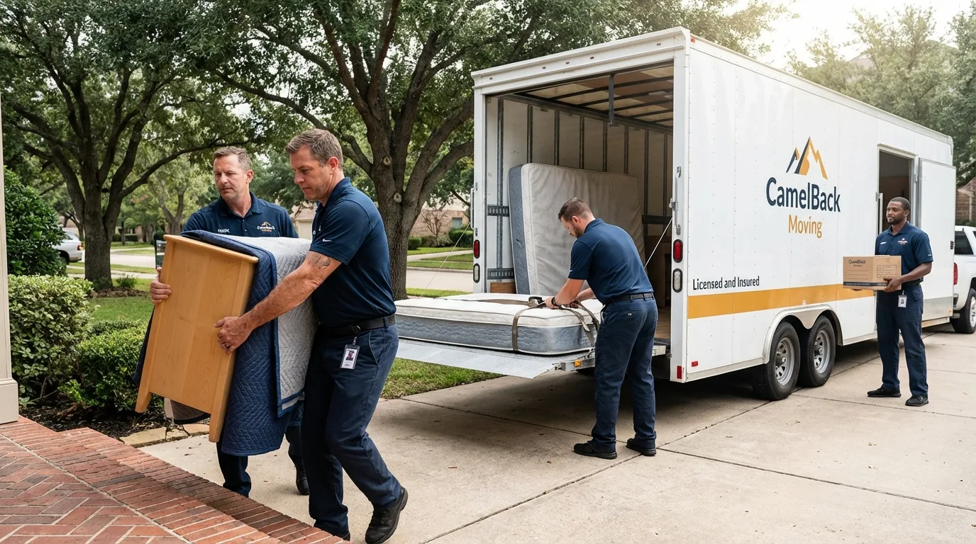Crew loading residential truck for cross-state move from Kerman, CA