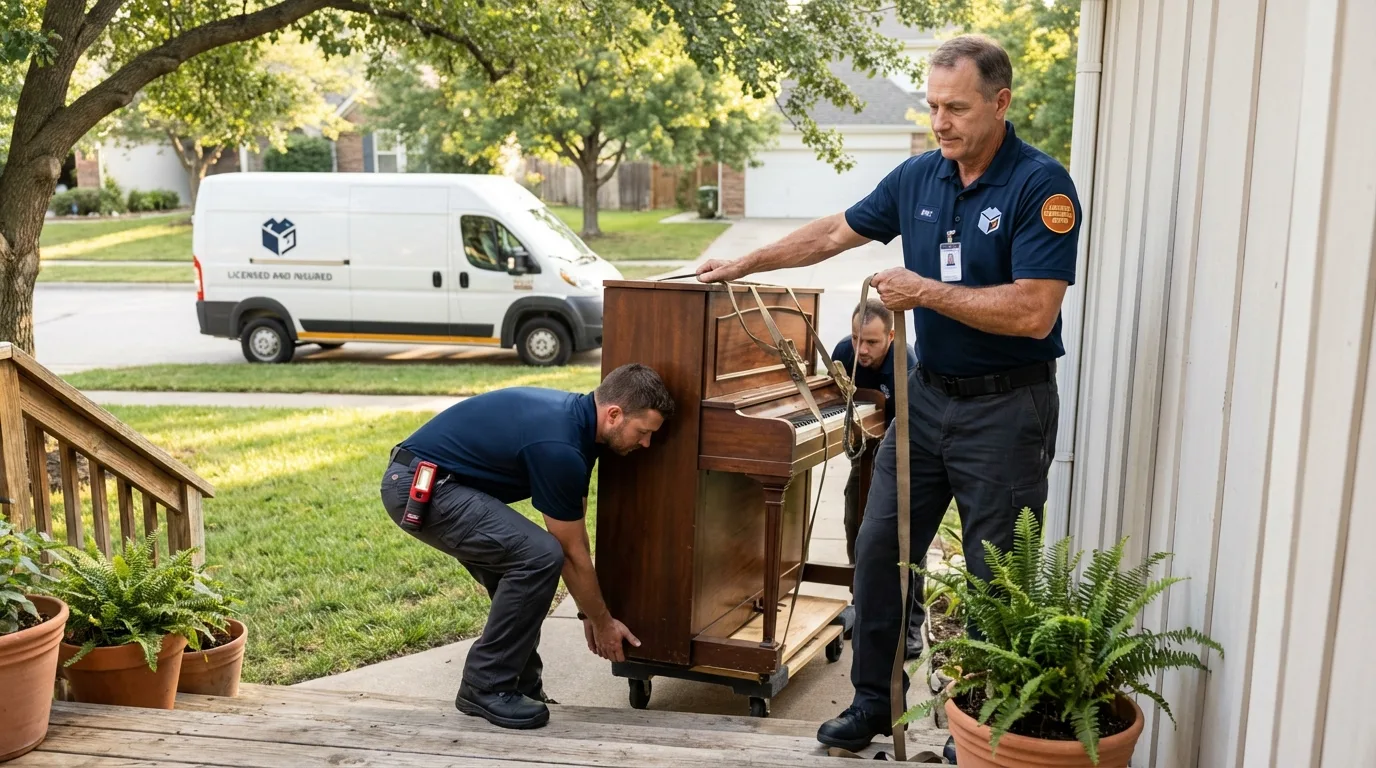 Licensed piano movers securing grand piano in Kerman, CA