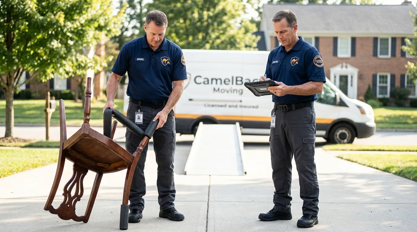 Movers inspecting furniture for damage prevention before loading in Kerman, CA