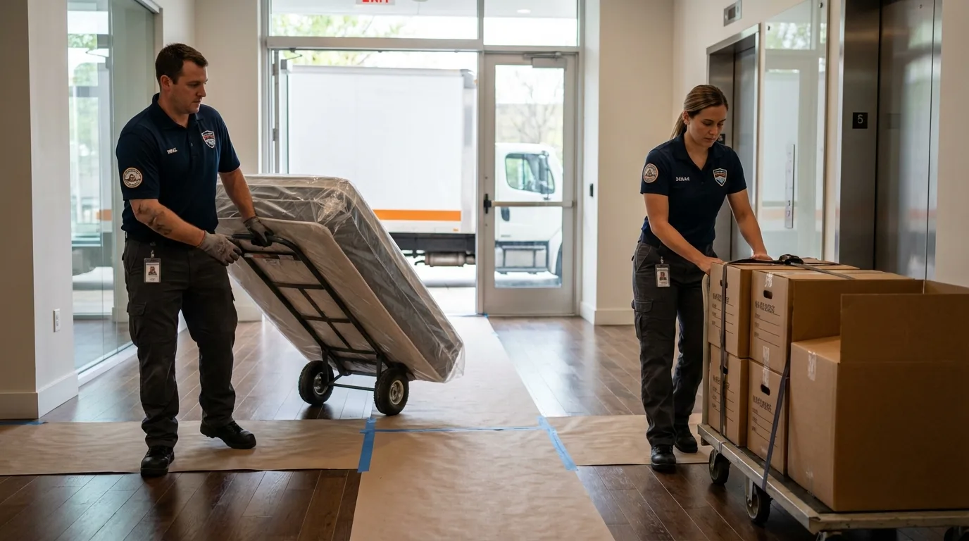 Professional apartment movers loading elevator in Kerman, CA