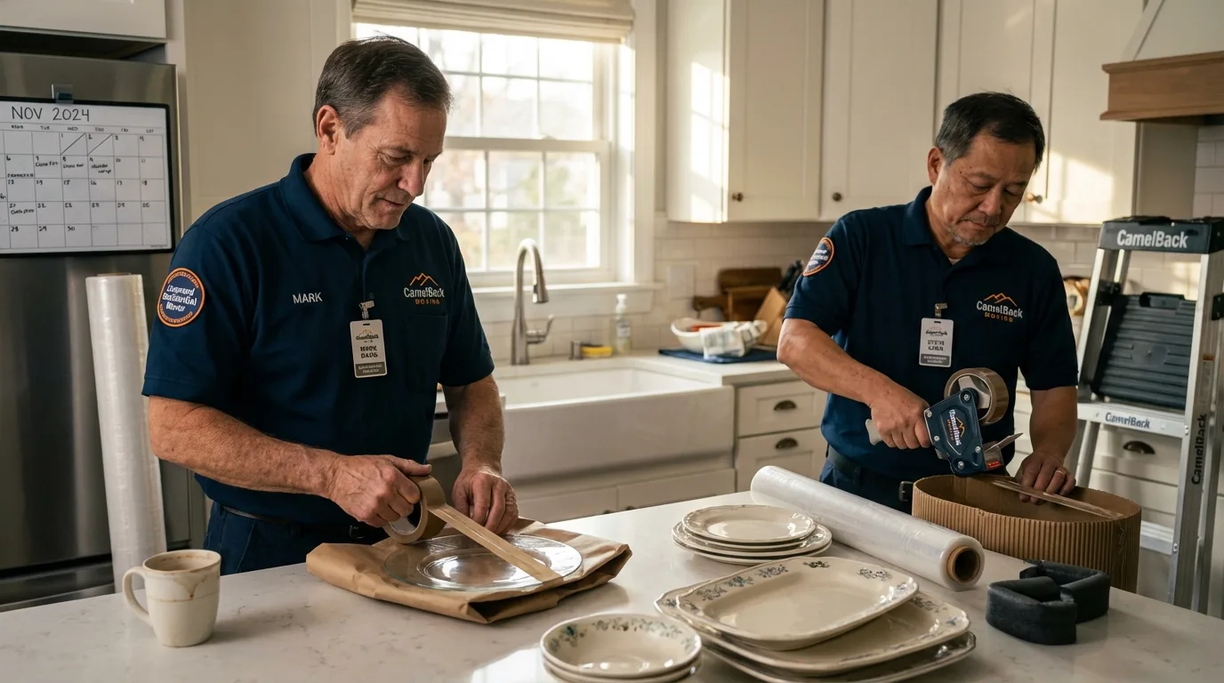 Professional crew packing kitchen dishware in Kerman, CA