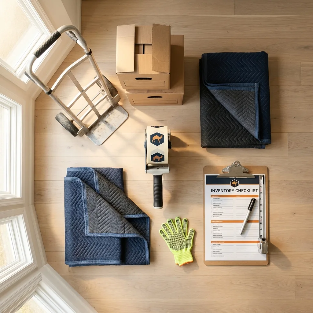 Professional moving supplies and packing materials layout for Kerman residential relocations